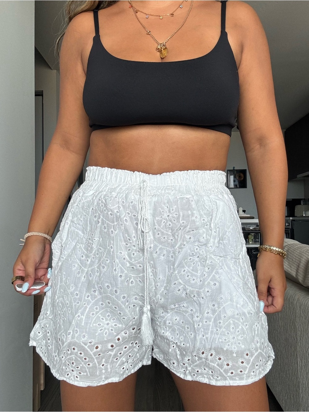 Primark White Eyelet Drawstring Bermuda Shorts
